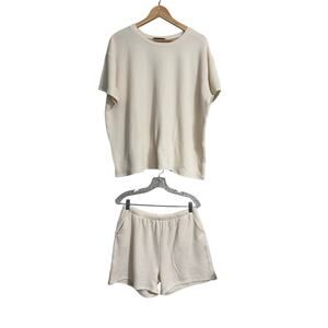 Zenana Ivory Textured Short Shirt Set size Large